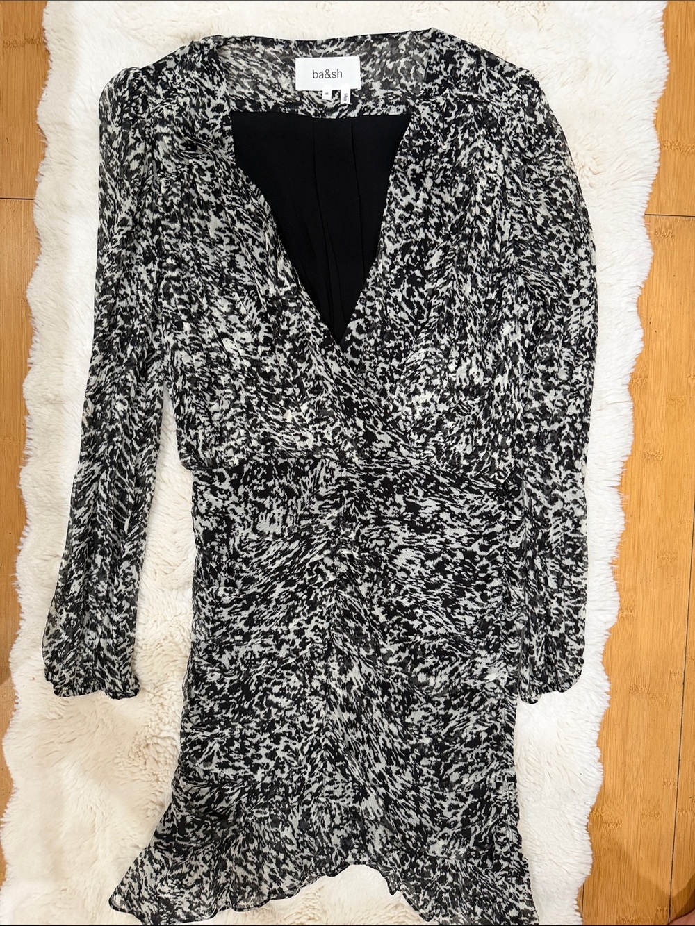 ba&sh Black & White Printed Long Sleeve Wrap Dress